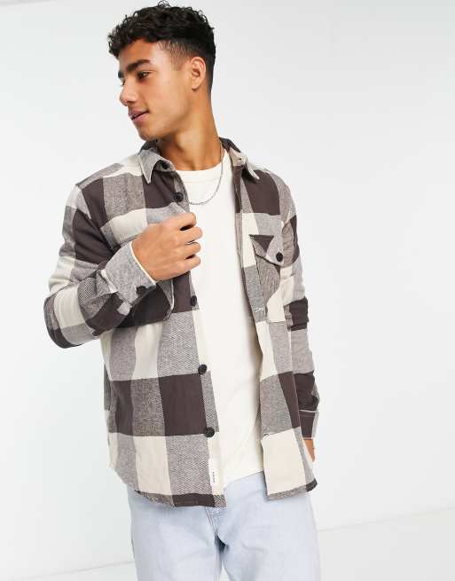 Only & Sons check overshirt with chest pockets in beige and brown | ASOS