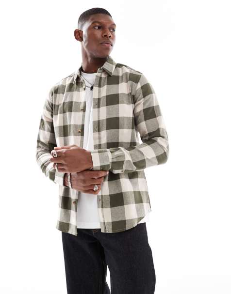 ONLY & SONS check shirt in cream & dark khaki - view 1