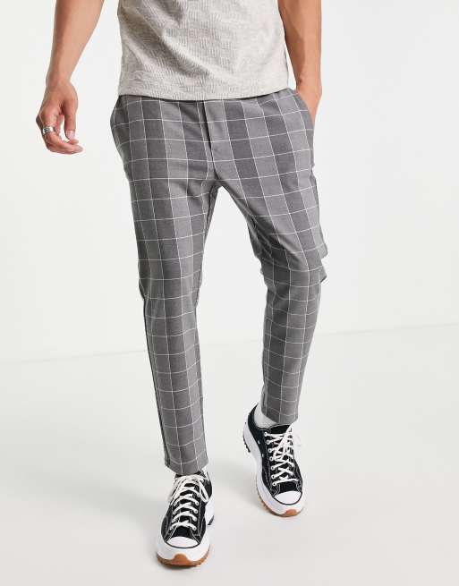 Only & Sons check trouser with drawstring waist in grey