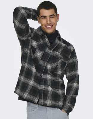 Only & Sons Checked Overshirt In Gray