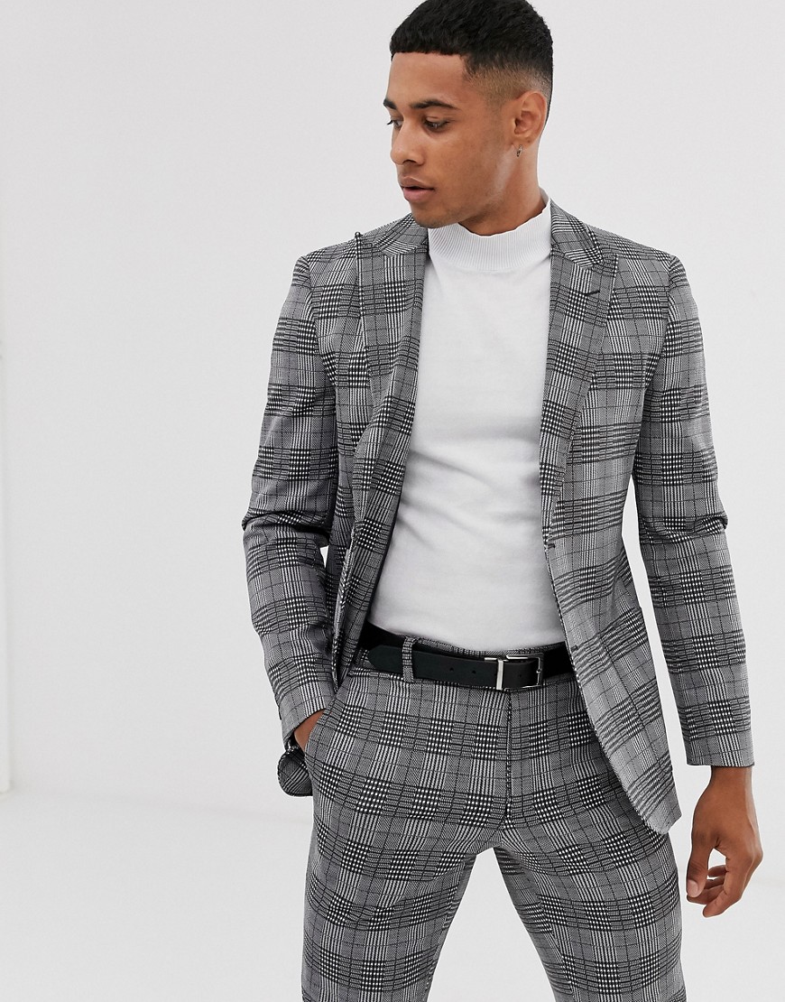 Only & Sons checked peak lapel suit jacket in grey