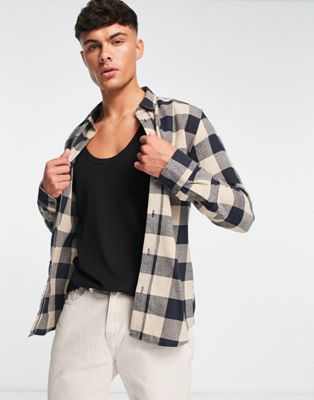 Only & Sons buffalo check shirt in navy and beige  - ASOS Price Checker