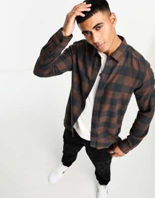 Only & Sons buffalo check shirt in brown and navy - ASOS Price Checker