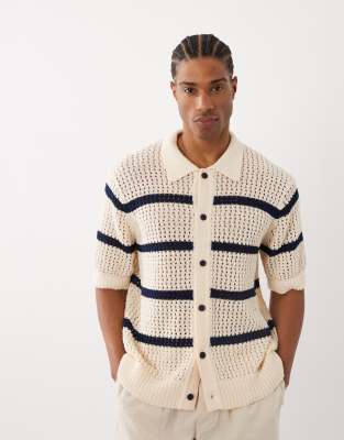 Only & Sons - Chemise décontractée en maille au crochet à rayures - Crème et bleu marine-Blanc