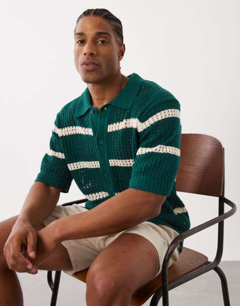 Only & Sons - Chemise décontractée en maille au crochet à rayures - Vert et blanc - view 1