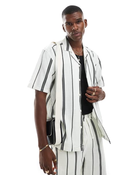 ONLY & SONS - Chemise d'ensemble rayée aspect lin - Noir et blanc - view 1