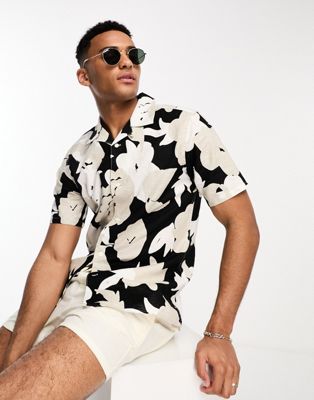 Only & Sons linen mix revere collar floral shirt in beige  - ASOS Price Checker
