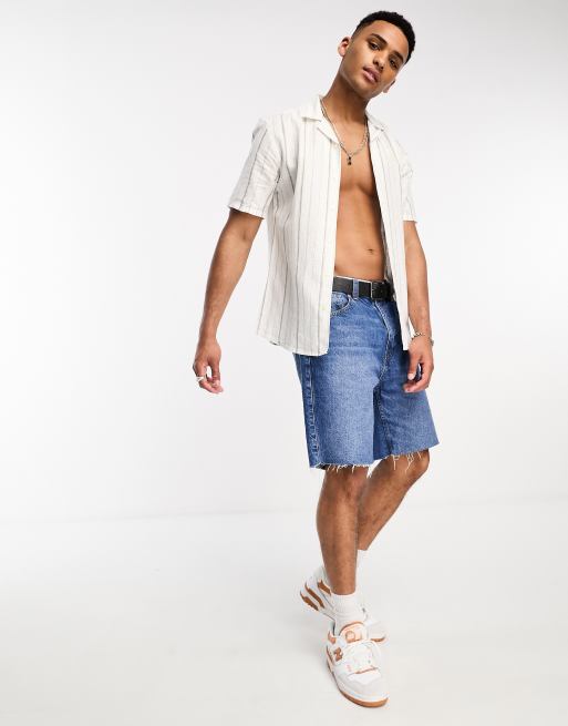 Only & Sons - Chemise en lin mélangé rayé avec col à revers - Blanc/olive