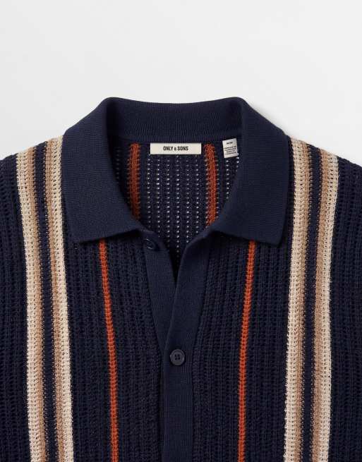 Only & Sons - Chemise en maille à rayures orange et crème - Bleu marine, 9 de 9