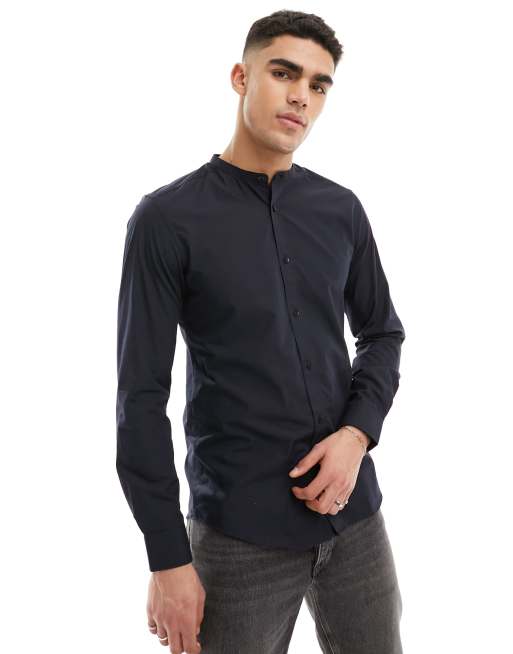 Only & Sons - Chemise en popeline avec col grand-père - Bleu marine 
