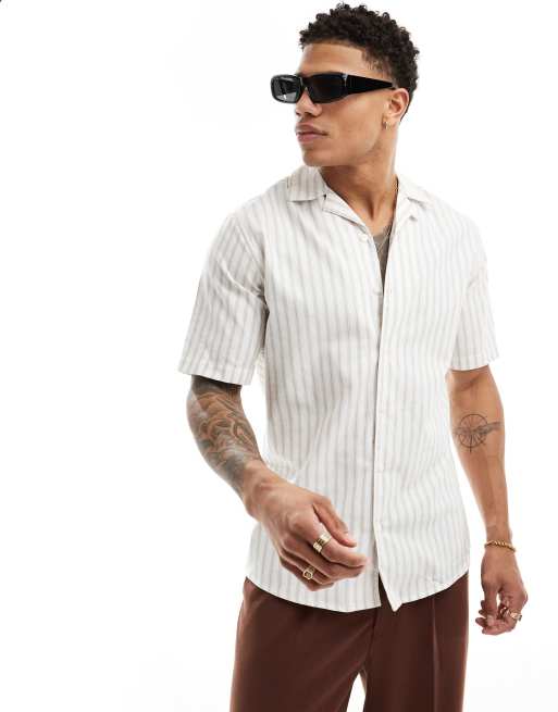 ONLY & SONS - Chemise Oxford à rayures et manches courtes - Beige et blanc