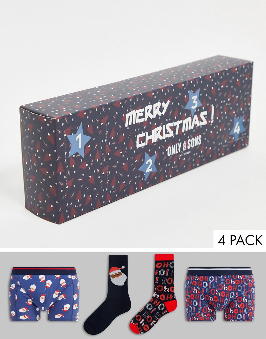 Only & Sons Christmas boxer briefs and socks gift box-Navy