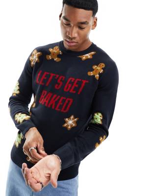 ONLY & SONS Christmas jumper in navy