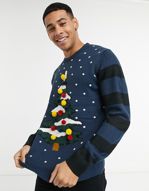 Only & Sons Christmas jumper with Christmas tree and striped sleeves in navy