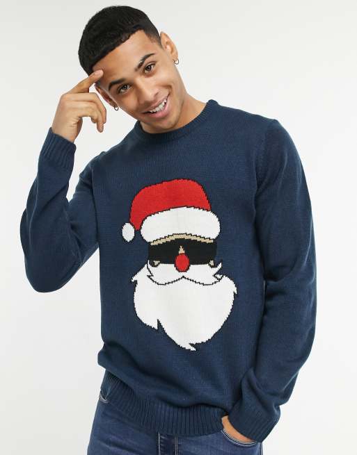 Only & Sons Christmas jumper with Santa in navy