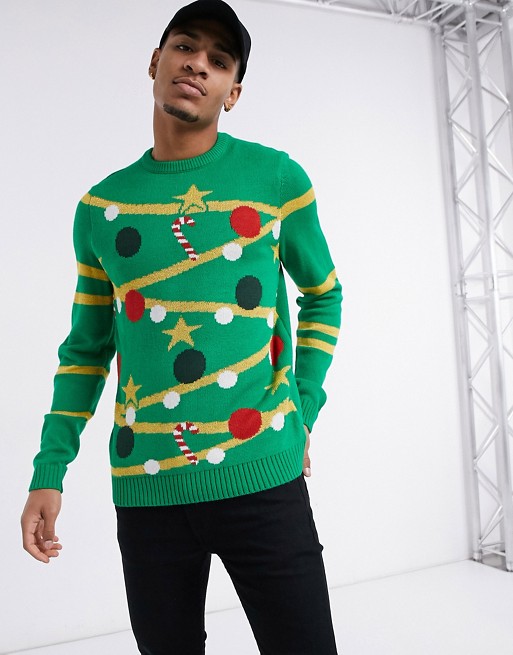 Only & Sons christmas jumper with tree pattern in green