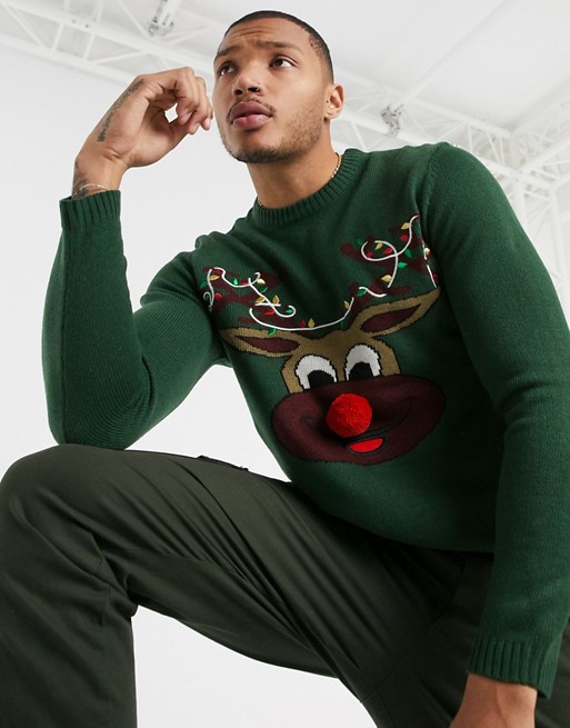 Only & Sons Christmas reindeer jumper in green