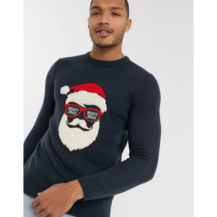 Only Sons Christmas Santa Geflockter Pullover in Navy ASOS