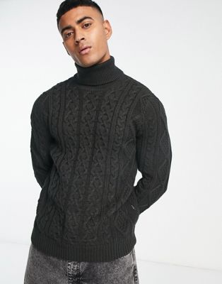 Only & Sons chunky cable knit roll neck jumper in grey