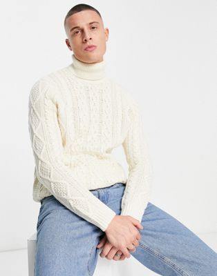Only & Sons chunky cable knit roll neck jumper in white