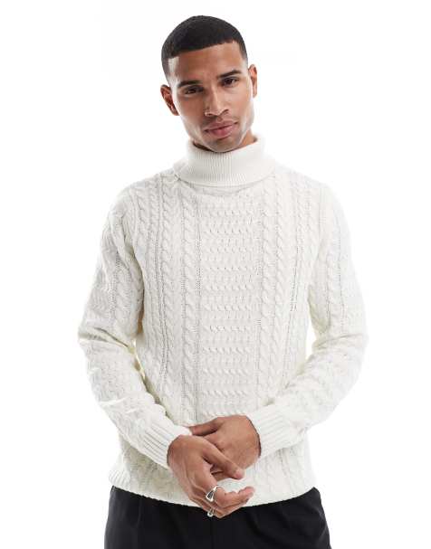 ONLY & SONS chunky roll neck knit jumper in cream - view 1