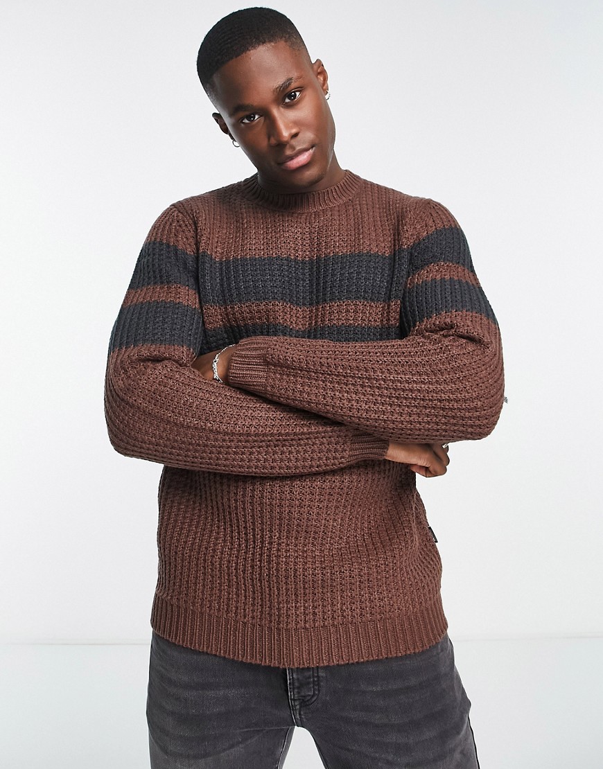 chunky textured knit sweater with contrast stripe in brown