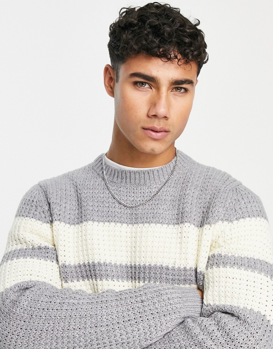 Only & Sons Chunky Textured Knit Sweater With Contrast Stripe In Gray