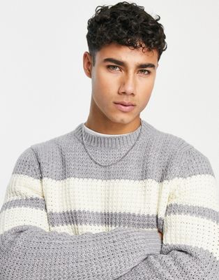 Only & Sons chunky textured knitted jumper with contrast stripe in grey