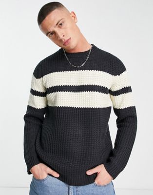 Only & Sons chunky textured knitted jumper with contrast stripe in navy