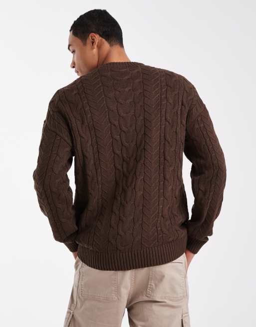 ONLY & SONS – Ciemnobrązowy luźny sweter z dzianiny o warkoczowym splocie, 3 z 5