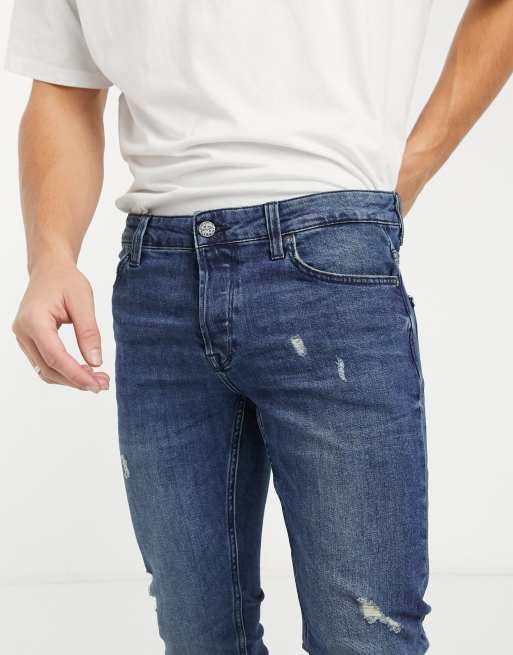 Only & Sons – Ciemnoniebieskie dopasowane jeansy z przetarciami, 3 z 4