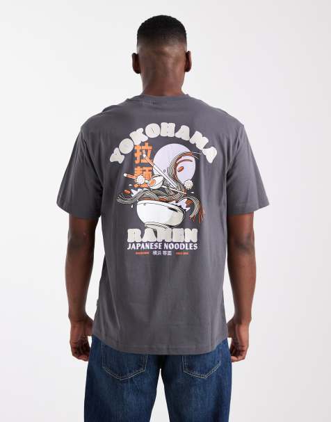 ONLY & SONS – Ciemnoszary luźny T-shirt z nadrukiem z motywem ramen na plecach - view 1