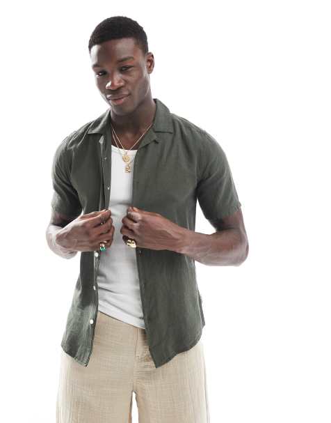 ONLY & SONS linen mix revere collar shirt in dark green