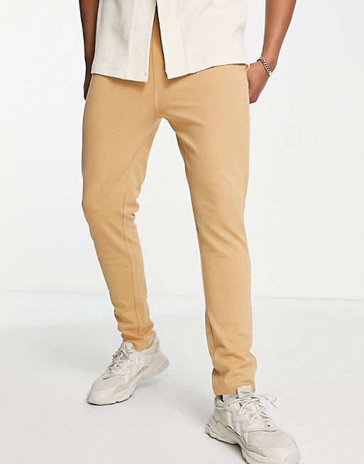 Only & Sons co-ord herringbone texture slim fit joggers in tan