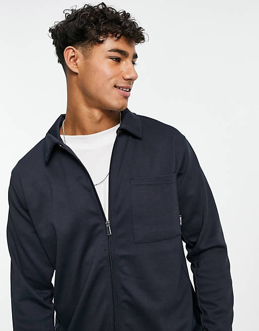 Men Only & Sons co-ord jersey zip through overshirt in navy 
