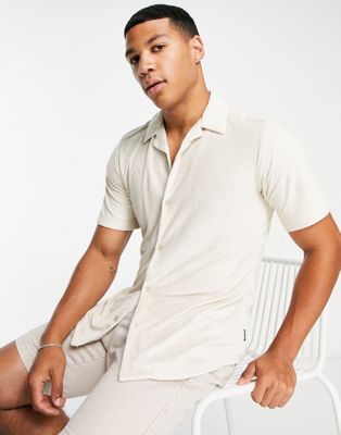 Only & Sons co-ord revere shirt in beige towelling