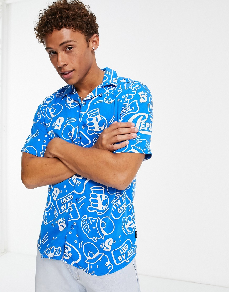 Only & Sons co-ord revere shirt with Pepsi print in blue