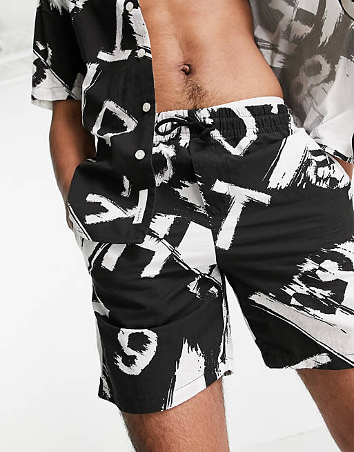Men Only & Sons co-ord shorts in textured black print 
