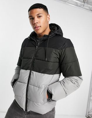 Only & Sons colour block puffer jacket with hood in black & grey