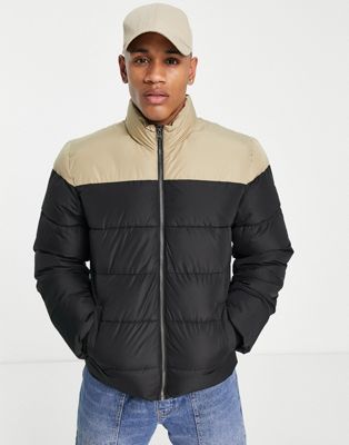Only & Sons colour block puffer jacket with stand collar in black and beige