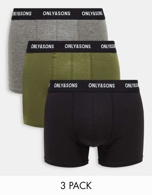 Only & Sons - Confezione da 3 boxer aderenti multicolore con fascia in vita nera