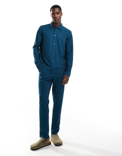 ONLY & SONS - Coordinato plissé color verde-azzurro scuro composto da camicia giacca e pantaloni