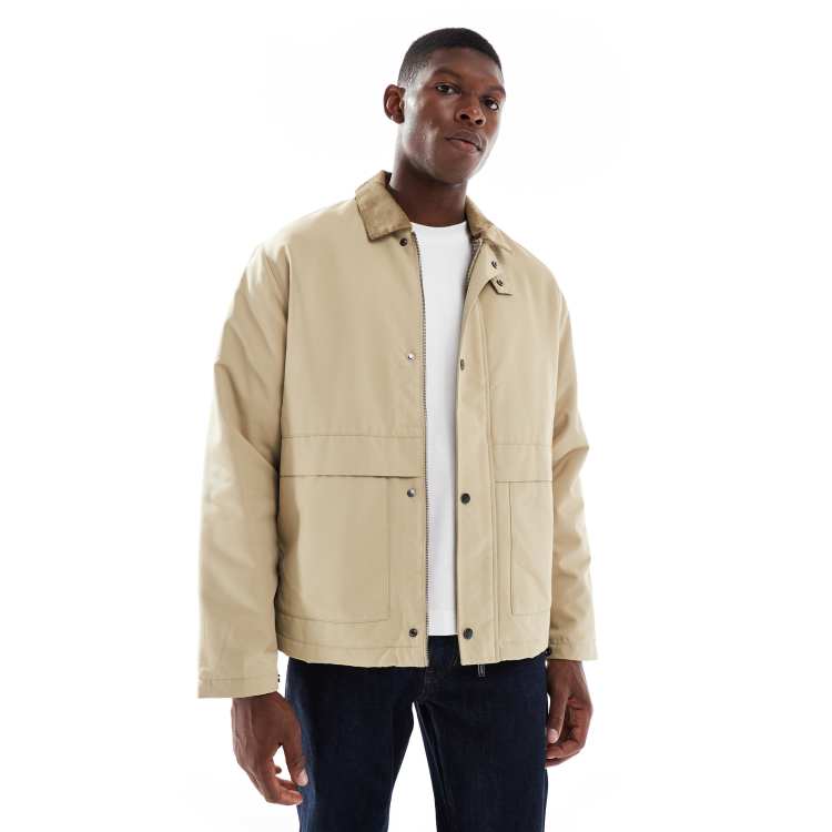ONLY & SONS cord collar padded coach jacket in beige | ASOS