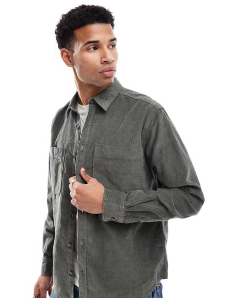 ONLY & SONS cord overshirt in charcoal - view 1