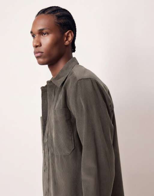 ONLY & SONS cord overshirt in dark sage, 2 of 5
