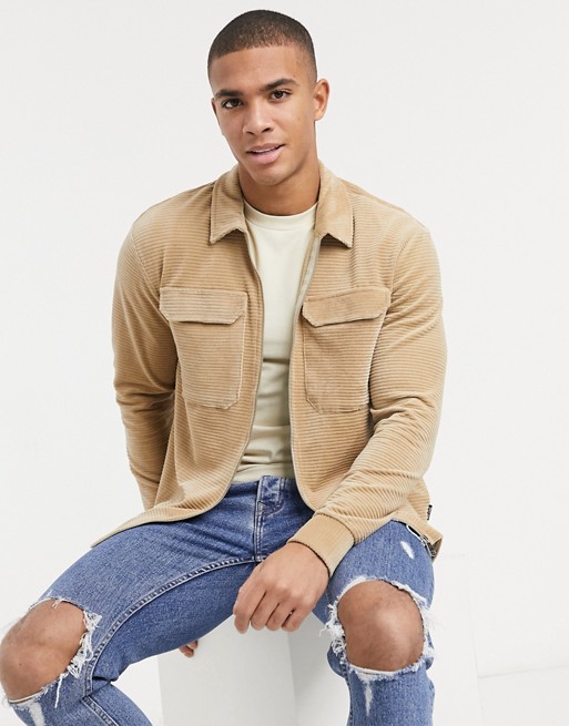 Only & Sons cord overshirt with zip in beige