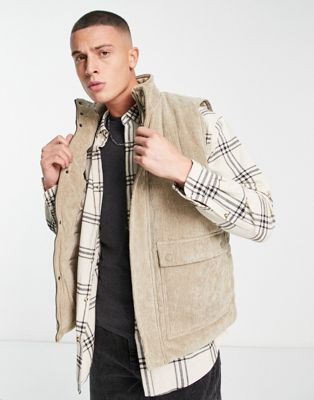 Only & Sons cord puffer gilet in beige  - ASOS Price Checker