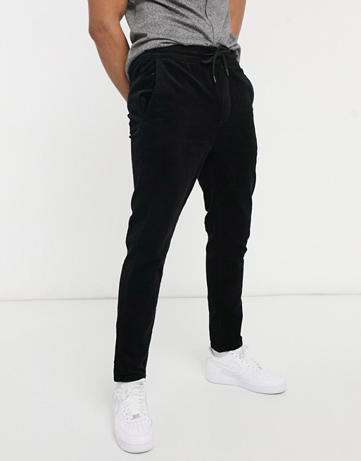Only & Sons cord tapered trouser with drawstring waist in black
