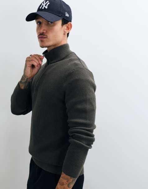 ONLY & SONS cotton rich 1/4 zip knit jumper in deep grey - view 1