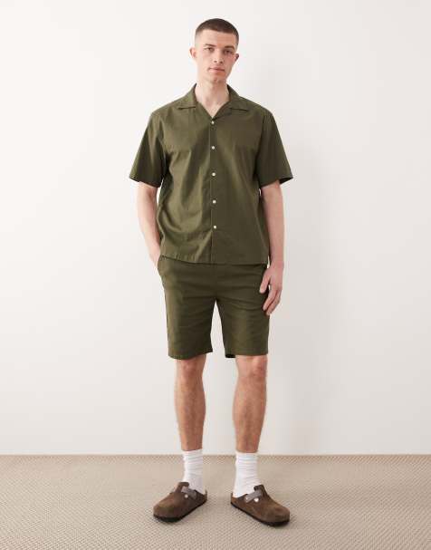 ONLY & SONS cotton rich revere collar shirt, cotton rich loose fit trousers & cotton rich shorts co-ord in olive green - view 1